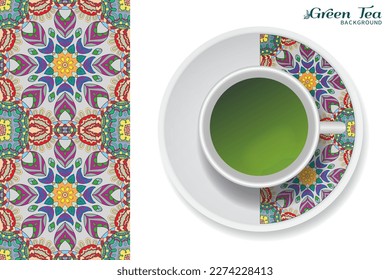 Cup of green tea with doodle ornament on a saucer and hand drawn seamless floral pattern. Business coffee break or tea time concept, interior background. Isolated cup and plate decor elements