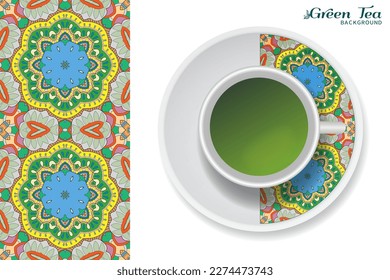 Cup of green tea with doodle ornament on a saucer and hand drawn seamless floral pattern. Business coffee break or tea time concept, interior background. Isolated cup and plate decor elements