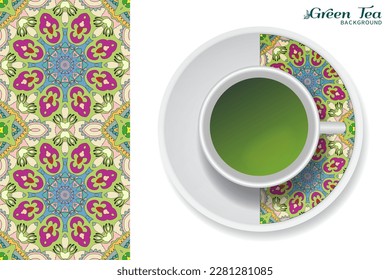 Cup of green tea with doodle ornament on a saucer and hand drawn seamless floral pattern. Business coffee break or tea time concept, interior background. Isolated cup and plate decor elements