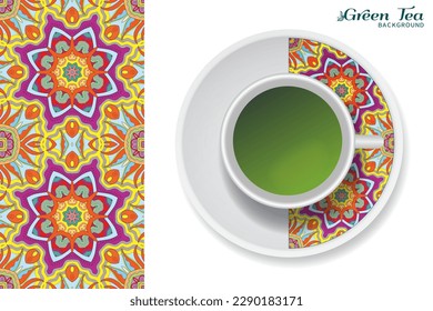 Cup of green tea with doodle ornament on a saucer and hand drawn seamless floral pattern. Business coffee break or tea time concept, interior background. Isolated cup and plate decor elements