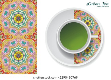 Cup of green tea with doodle ornament on a saucer and hand drawn seamless floral pattern. Business coffee break or tea time concept, interior background. Isolated cup and plate decor elements