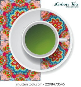 Cup of green tea with doodle ornament on a saucer and hand drawn seamless floral pattern. Business coffee break or tea time concept, interior background. Isolated cup and plate decor elements