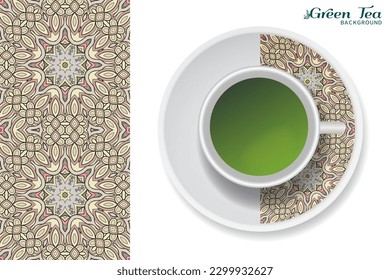 Cup of green tea with doodle ornament on a saucer and hand drawn seamless floral pattern. Business coffee break or tea time concept, interior background. Isolated cup and plate decor elements