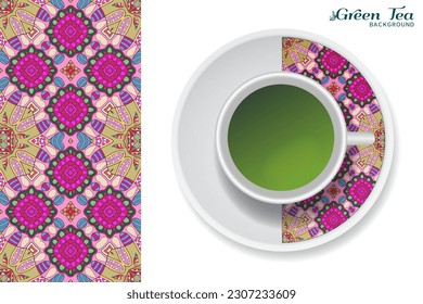 Cup of green tea with doodle ornament on a saucer and hand drawn seamless floral pattern. Business coffee break or tea time concept, interior background. Isolated cup and plate decor elements