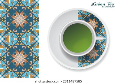 Cup of green tea with doodle ornament on a saucer and hand drawn seamless floral pattern. Business coffee break or tea time concept, interior background. Isolated cup and plate decor elements