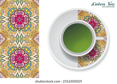 Cup of green tea with doodle ornament on a saucer and hand drawn seamless floral pattern. Business coffee break or tea time concept, interior background. Isolated cup and plate decor elements