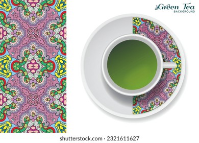 Cup of green tea with doodle ornament on a saucer and hand drawn seamless floral pattern. Business coffee break or tea time concept, interior background. Isolated cup and plate decor elements