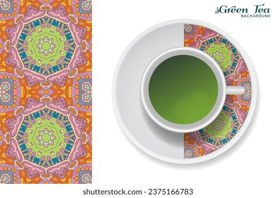 Cup of green tea with doodle ornament on a saucer and hand drawn seamless floral pattern. Business coffee break or tea time concept, interior background. Isolated cup and plate decor elements