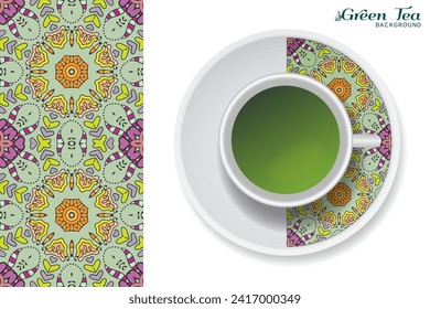 Cup of green tea with doodle ornament on a saucer and hand drawn seamless floral pattern. Business coffee break or tea time concept, interior background. Isolated cup and plate decor elements