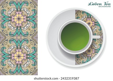 Cup of green tea with doodle ornament on a saucer and hand drawn seamless floral pattern. Business coffee break or tea time concept, interior background. Isolated cup and plate decor elements