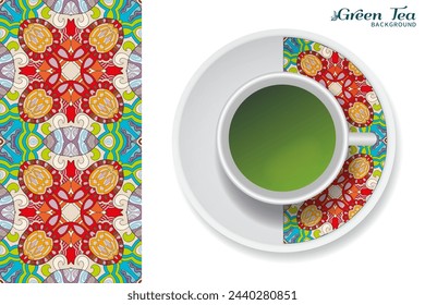 Cup of green tea with doodle ornament on a saucer and hand drawn seamless floral pattern. Business coffee break or tea time concept, interior background. Isolated cup and plate decor elements