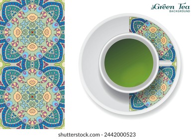 Cup of green tea with doodle ornament on a saucer and hand drawn seamless floral pattern. Business coffee break or tea time concept, interior background. Isolated cup and plate decor elements