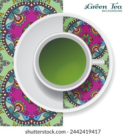 Cup of green tea with doodle ornament on a saucer and hand drawn seamless floral pattern. Business coffee break or tea time concept, interior background. Isolated cup and plate decor elements