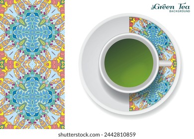 Cup of green tea with doodle ornament on a saucer and hand drawn seamless floral pattern. Business coffee break or tea time concept, interior background. Isolated cup and plate decor elements