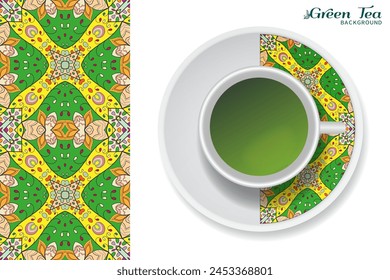 Cup of green tea with doodle ornament on a saucer and hand drawn seamless floral pattern. Business coffee break or tea time concept, interior background. Isolated cup and plate decor elements