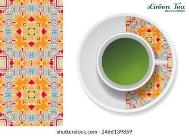 Cup of green tea with doodle ornament on a saucer and hand drawn seamless floral pattern. Business coffee break or tea time concept, interior background. Isolated cup and plate decor elements