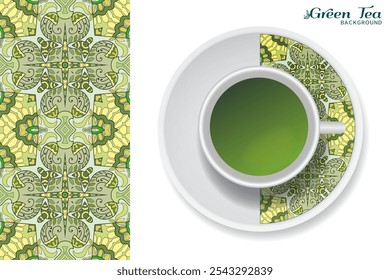 Xícara de chá verde com ornamento de doodle em um pires e mão desenhado padrão floral sem emenda. Conceito de pausa para café ou tempo de chá de negócios, fundo interior. Elementos isolados de decoração de xícara e placa