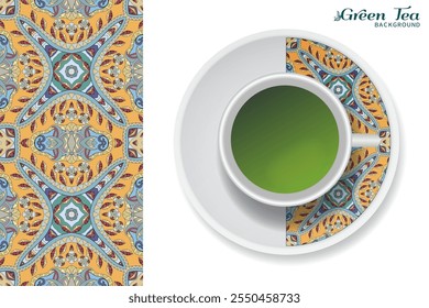 Xícara de chá verde com ornamento de doodle em um pires e mão desenhado padrão floral sem emenda. Conceito de pausa para café ou tempo de chá de negócios, fundo interior. Elementos isolados de decoração de xícara e placa