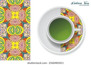 Cup of green tea with doodle ornament on a saucer and hand drawn seamless floral pattern. Business coffee break or tea time concept, interior background. Isolated cup and plate decor elements