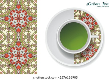 Cup of green tea with doodle ornament on a saucer and hand drawn seamless floral pattern. Business coffee break or tea time concept, interior background. Isolated cup and plate decor elements