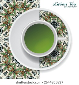 Xícara de chá verde com ornamento de doodle em um pires e mão desenhado padrão floral sem emenda. Conceito de pausa para café ou tempo de chá de negócios, fundo interior. Elementos isolados de decoração de xícara e placa