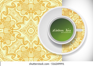 Cup of green tea with doodle ornament on a saucer and hand drawn seamless floral sketch pattern. Business coffee break or tea time concept, interior background. Isolated cup and plate decor elements