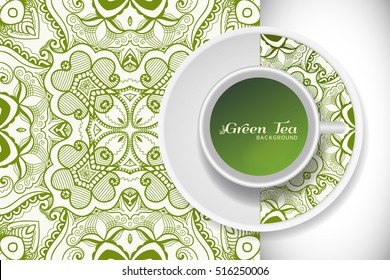 Cup of green tea with doodle ornament on a saucer and hand drawn seamless floral sketch pattern. Business coffee break or tea time concept, interior background. Isolated cup and plate decor elements