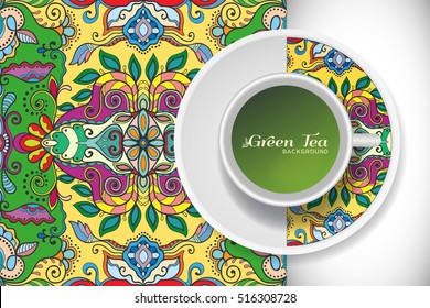 Cup of green tea with doodle ornament on a saucer and decorative seamless colorful floral pattern. Business coffee break or tea time concept, interior background. Isolated cup and plate decor elements