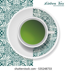 Cup of green tea with doodle ornament on a saucer and hand drawn seamless floral sketch pattern. Business coffee break or tea time concept, interior background. Isolated cup and plate decor elements