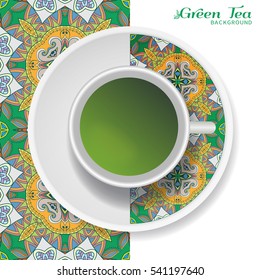 Cup of green tea with doodle ornament on a saucer and hand drawn seamless floral pattern. Business coffee break or tea time concept, interior background. Isolated cup and plate decor elements