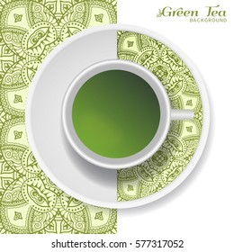 Cup of green tea with doodle ornament on a saucer and hand drawn seamless floral pattern. Business coffee break or tea time concept, interior background. Isolated cup and plate decor elements