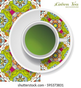 Cup of green tea with doodle ornament on a saucer and hand drawn seamless floral pattern. Business coffee break or tea time concept, interior background. Isolated cup and plate decor elements