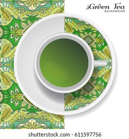 Cup of green tea with doodle ornament on a saucer and hand drawn seamless floral pattern. Business coffee break or tea time concept, interior background. Isolated cup and plate decor elements