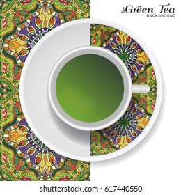 Cup of green tea with doodle ornament on a saucer and hand drawn seamless floral pattern. Business coffee break or tea time concept, interior background. Isolated cup and plate decor elements