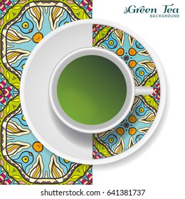 Cup of green tea with doodle ornament on a saucer and hand drawn seamless floral pattern. Business coffee break or tea time concept, interior background. Isolated cup and plate decor elements