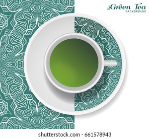 Cup of green tea with doodle ornament on a saucer and hand drawn seamless line pattern. Business coffee break or tea time concept, interior background. Isolated cup and plate decor elements