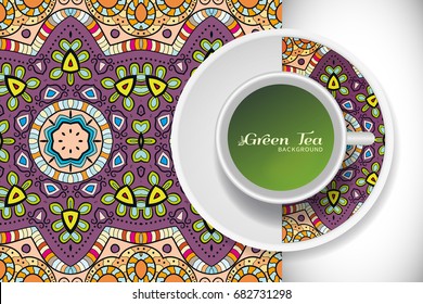Cup of green tea with doodle ornament on a saucer and hand drawn seamless floral pattern. Business coffee break or tea time concept, interior background. Isolated cup and plate decor elements