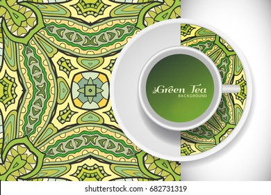 Cup of green tea with doodle ornament on a saucer and hand drawn seamless floral pattern. Business coffee break or tea time concept, interior background. Isolated cup and plate decor elements