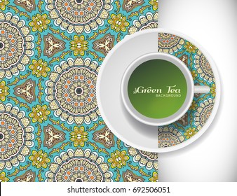 Cup of green tea with doodle ornament on a saucer and hand drawn seamless floral pattern. Business coffee break or tea time concept, interior background. Isolated cup and plate decor elements