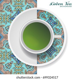 Cup of green tea with doodle ornament on a saucer and hand drawn seamless floral pattern. Business coffee break or tea time concept, interior background. Isolated cup and plate decor elements