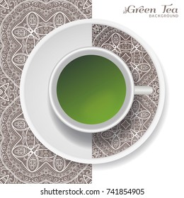 Cup of green tea with doodle ornament on a saucer and hand drawn seamless lace pattern. Business coffee break or tea time concept, interior background. Isolated cup and plate decor elements