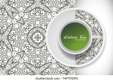 Cup of green tea with doodle ornament on a saucer and hand drawn seamless lace pattern. Business coffee break or tea time concept, interior background. Black and white background, isolated elements