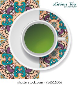 Cup of green tea with doodle ornament on a saucer and hand drawn seamless floral pattern. Business coffee break or tea time concept, interior background. Isolated cup and plate decor elements