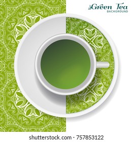 Cup of green tea with doodle ornament on a saucer and hand drawn seamless floral pattern. Business coffee break or tea time concept, interior background. Isolated cup and plate decor elements