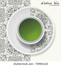 Cup of green tea with doodle ornament on a saucer and hand drawn seamless floral pattern. Business coffee break or tea time concept, interior background. Isolated cup and plate decor elements