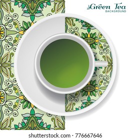 Cup of green tea with doodle ornament on a saucer and hand drawn seamless floral pattern. Business coffee break or tea time concept, interior background. Isolated cup and plate decor elements