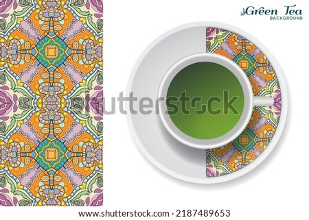 Cup of green tea with doodle ornament on a saucer and hand drawn seamless floral pattern. Business coffee break or tea time concept, interior background. Isolated cup and plate decor elements