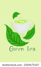 a cup of green tea drink with leaf decoration on a bright green background