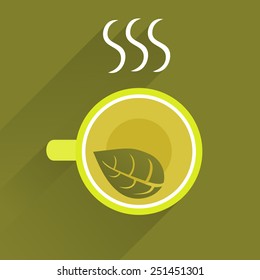 Cup of green tea. Food background with overhead view of cup with healthy hot green tea. Composition with trendy long shadow. Vector file is EPS8.