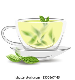 Cup of green tea. glass Cup with green tea leaves. hot drink